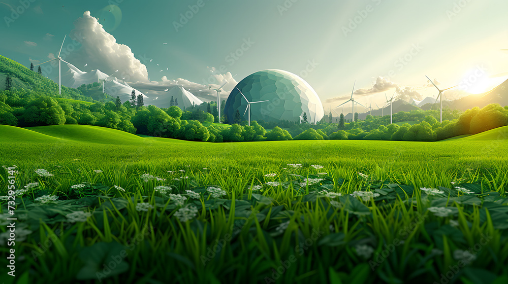 renewable energy with green energy as wind turbines ,  Renewable energy by 2050 Carbon neutral energy , Energy consumption and CO2,  Reduce CO2 emission concept