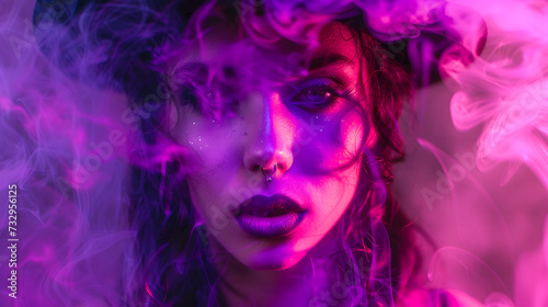 purple smoke in front of a beautiful woman