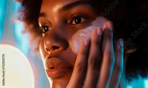 Close-up of a woman with afro applying a shimmering facial cleanser, woman skincare photo