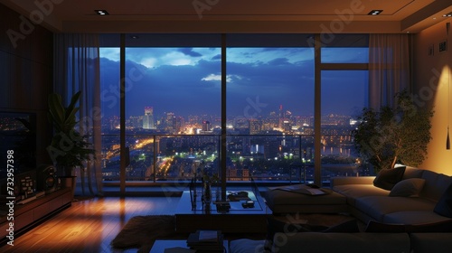 Loft contemporary interior apartments with city skyline and buildings city from glass window