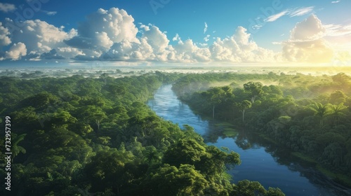 Aerial view of Amazon rainforest in Brazil  South America. Green forest. Bird s-eye view