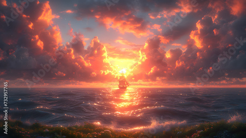 Sunset Fire: Dramatic Sky at Dusk, Beautiful Cloudscape with Sunlight, Orange and Red Summer Beauty