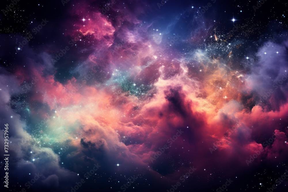 In the boundless expanse of deep space, colorful clouds swirl amidst the myriad stars, creating a breathtaking celestial vista that captivates with its enchanting beauty and cosmic allure.