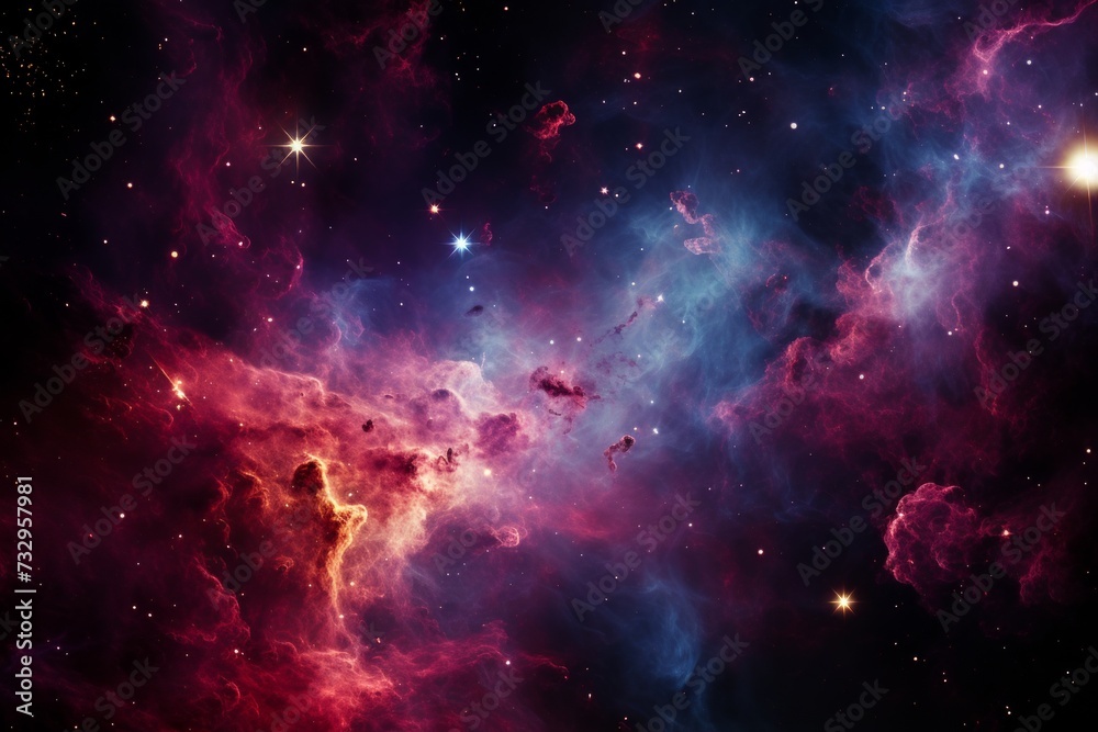 A nebula depicted in a red scale reveals a stunning celestial landscape, bathed in rich hues of crimson and scarlet, evoking a sense of cosmic majesty. - obrazy, fototapety, plakaty 