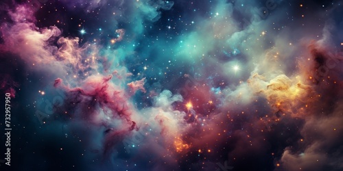 In the vast expanse of deep space, pink and yellow gas clouds swirl and intertwine, painting a mesmerizing celestial canvas with their ethereal beauty.