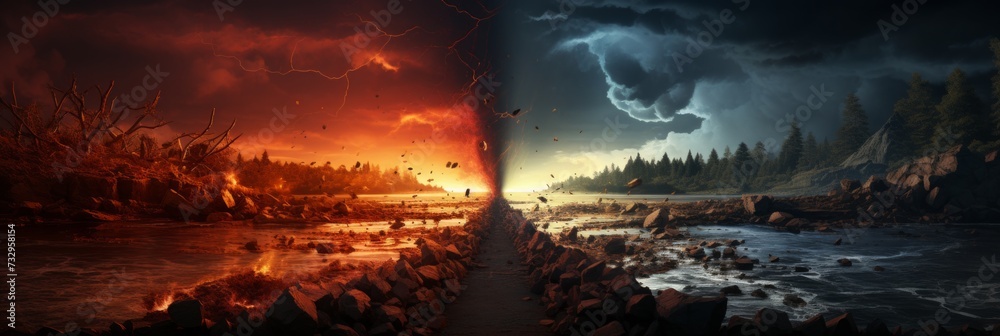 Two images are merged together to depict climate disasters, creating a ...