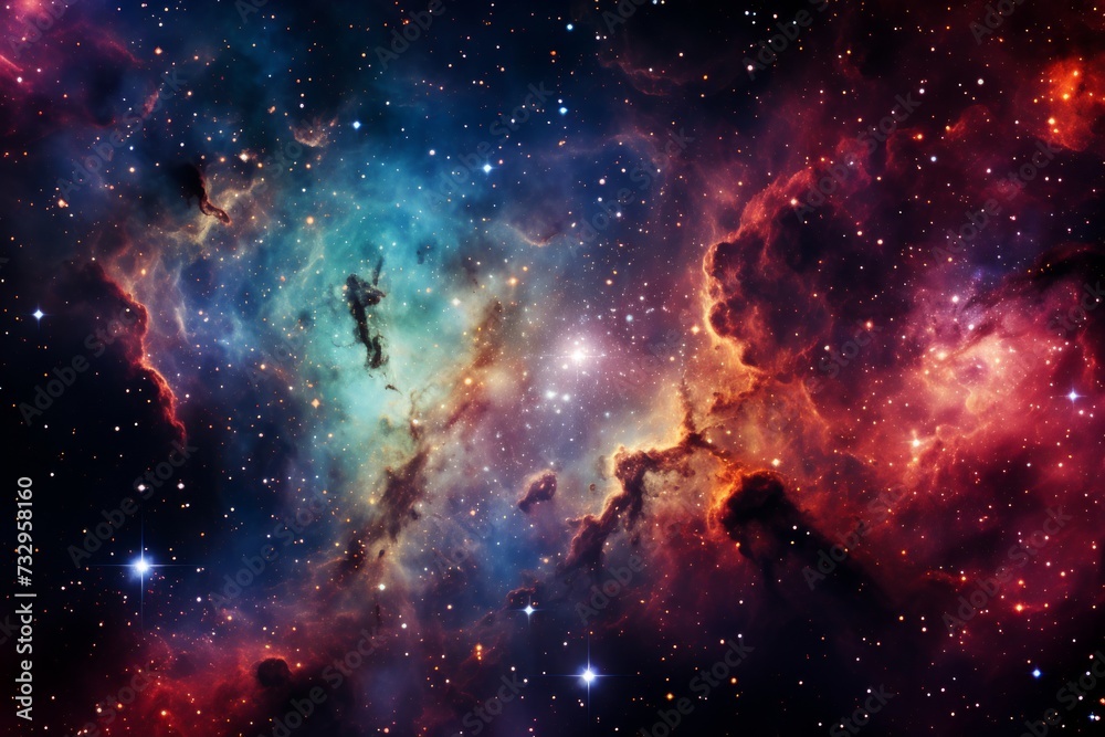 In the vast expanse of space, numerous stars twinkle amidst a backdrop of colorful nebulae, creating a breathtaking tableau of celestial beauty.