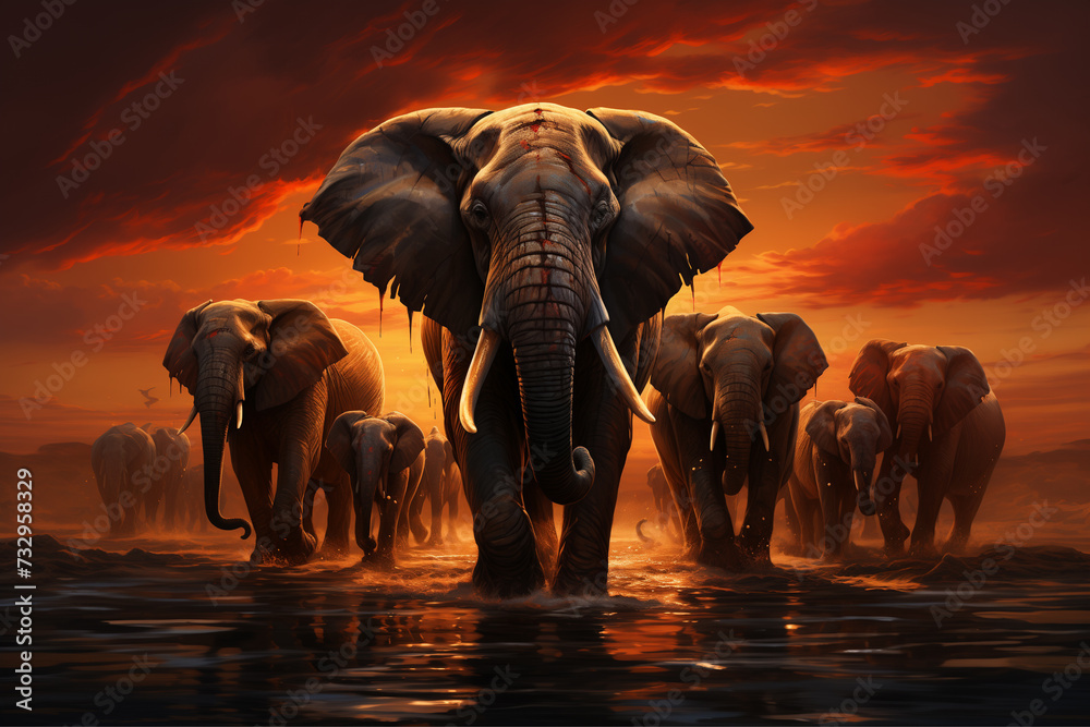 Large group of safari animals composited together in a scene of the grasslands