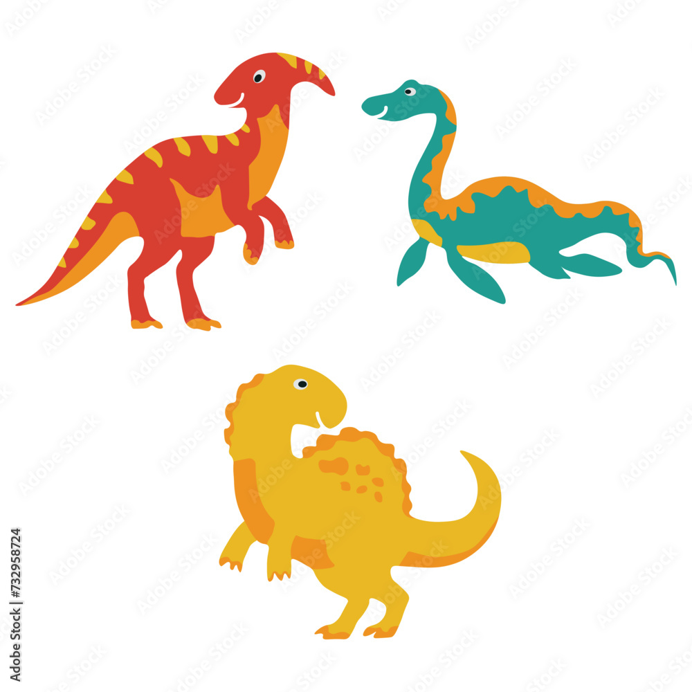 Collection of Adorable Dinosaurs Illustration. Cute Cartoon Design Style, Isolated On White Background.