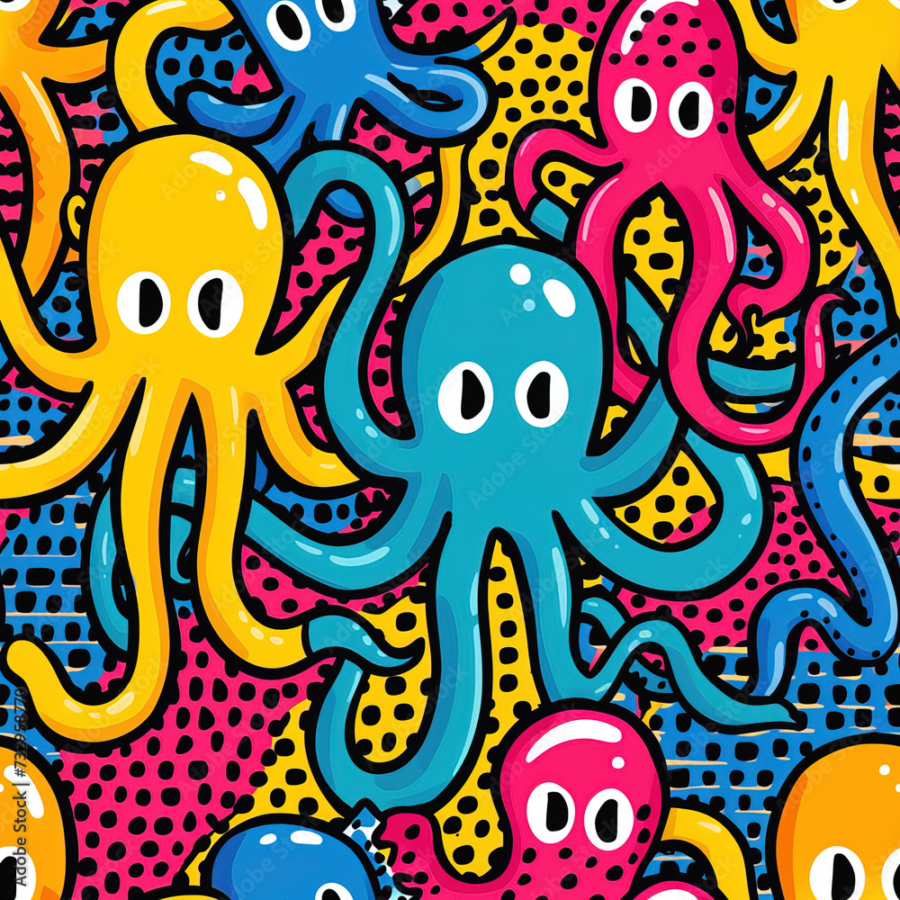 Octopus cartoon colorful pop art repeat pattern