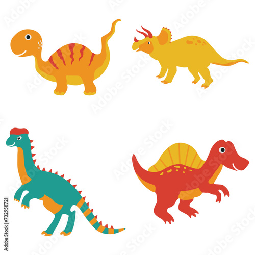 Collection of Adorable Dinosaurs Illustration. Cute Cartoon Design Style  Isolated On White Background.