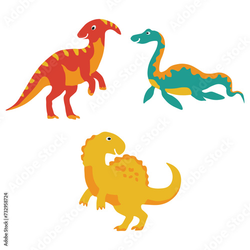 Collection of Adorable Dinosaurs Illustration. Cute Cartoon Design Style  Isolated On White Background.