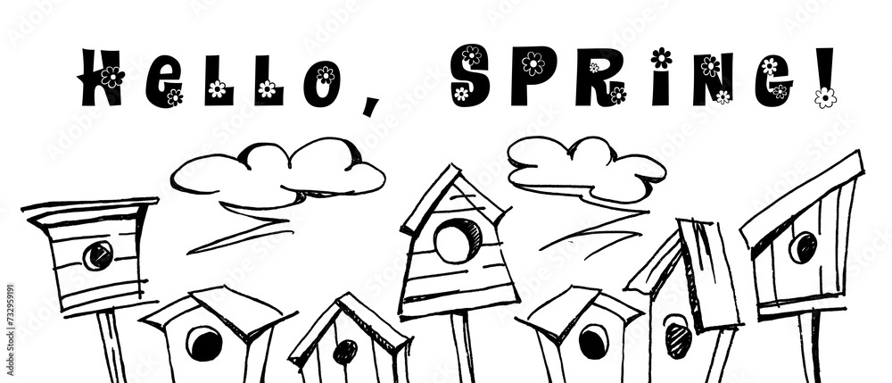 Obraz premium Spring hand drawn drawings with birdhouses on an isolated background.