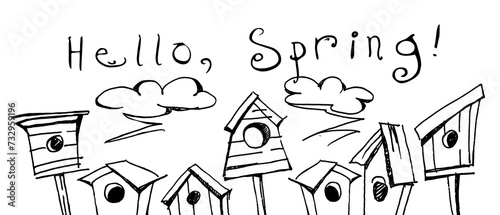 Spring hand drawn drawings with birdhouses on an isolated background.