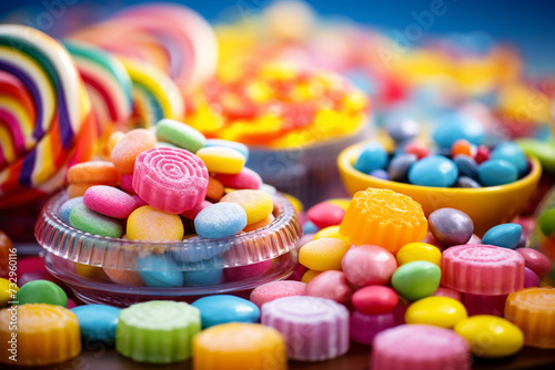 Food concept. Set of various and colorful candies and sweets background with copy space