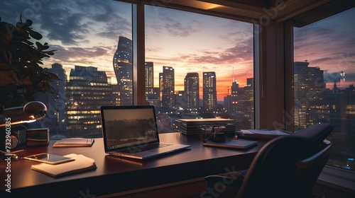 Morning sunlight and bokeh in a modern business office room with a view of the urban city skyline