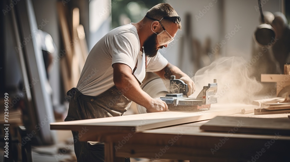Carpenter doing DIY woodwork at home during pandemic. Concept of self-reliance and labor day celebration. Carpenter doing DIY woodwork at home during pandemic. Concept of self-reliance and labor day celebration.
