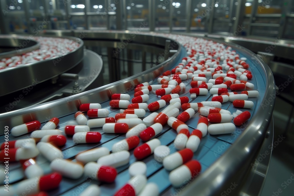 Obraz premium Tablets in the process of production and packaging at a modern pharmaceutical plant