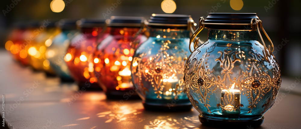 a many colorful glass jars lined up on a table