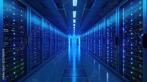 A high-tech data center with rows of servers, blue and green LED lights, symbolizing advanced technology and data storage. Resplendent.