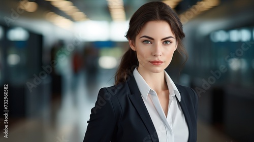 Closeup portrait of confident female banker in modern office building