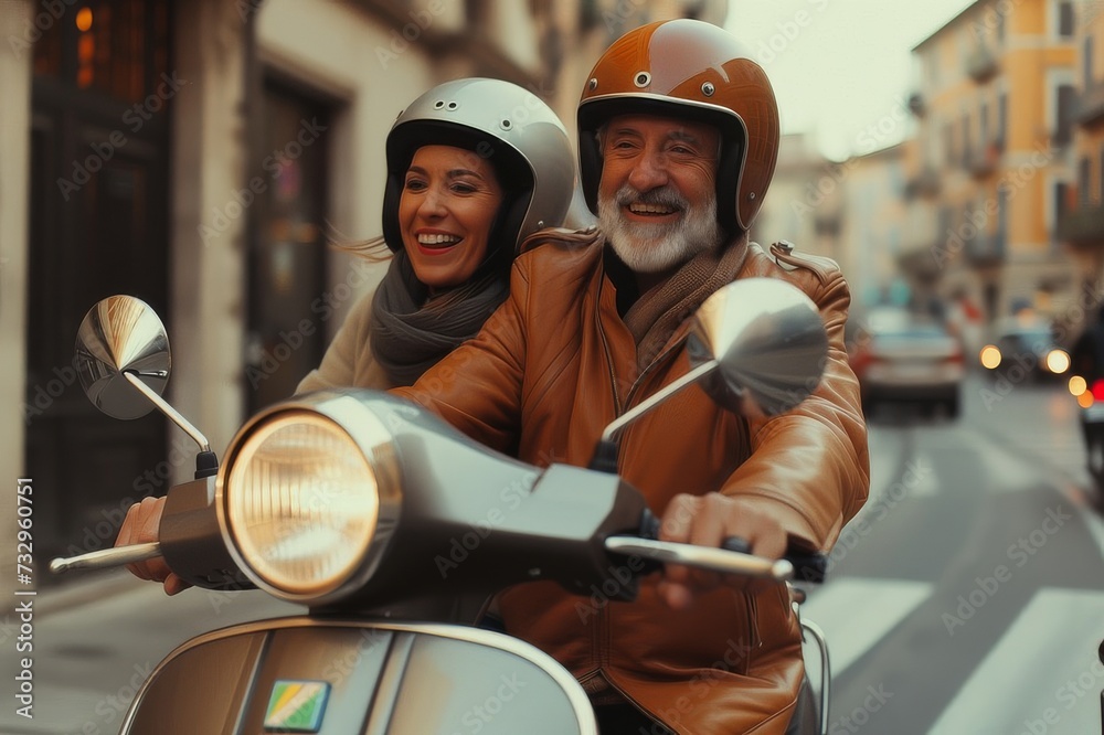Traveling trip and elderly couple on a motorcycle in search of adventure Traveling trip and elderly couple on a motorcycle in search of adventure