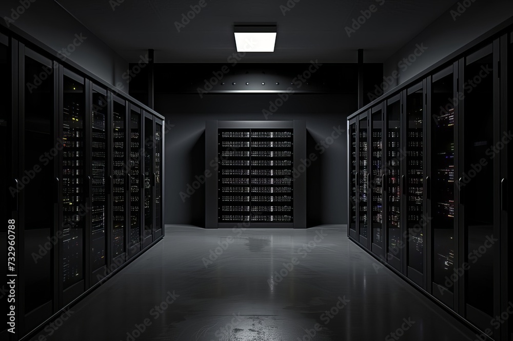 Data center with several rows of fully operational server racks. Data center with several rows of fully operational server racks.