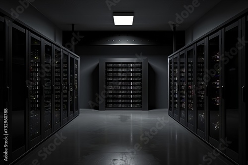 Data center with several rows of fully operational server racks.