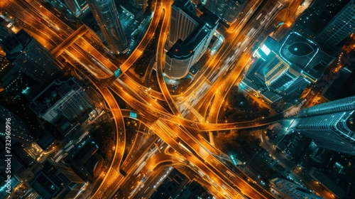 Aerial top view of a illuminated multilevel junction ring road motorway interchange with car traffic during night time