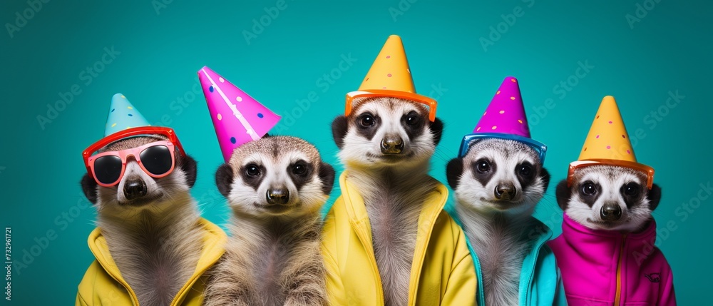 Fototapeta premium Meerkat Party: A Creative Animal Concept with Bright Outfits and hats