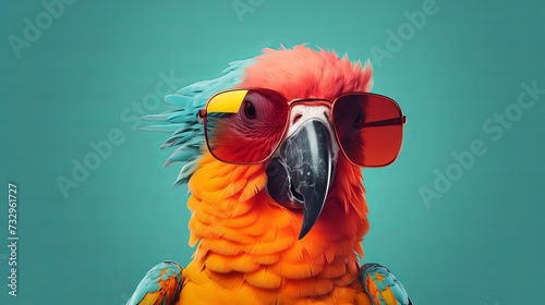 Surreal portrait of a parrot wearing sunglasses on a pastel background
