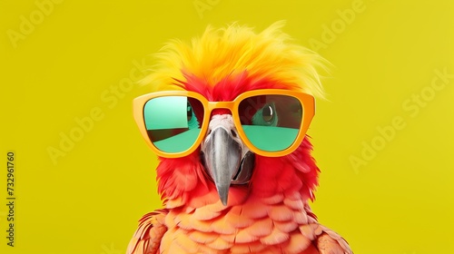 Surreal portrait of a parrot wearing sunglasses on a pastel background © Ameer