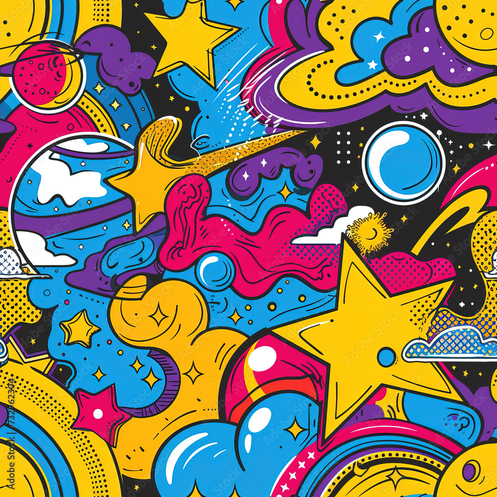 Space and planets colorful minimal cartoon pop art repeat pattern Space and planets colorful minimal cartoon pop art repeat pattern