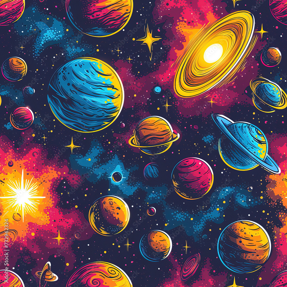 Space and planets colorful minimal cartoon pop art repeat pattern Space and planets colorful minimal cartoon pop art repeat pattern