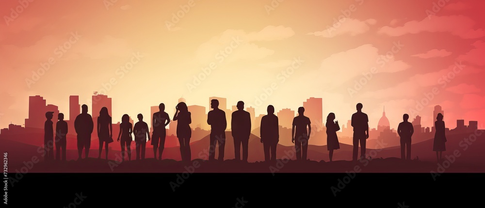 Silhouettes of diverse people standing together against a colorful background