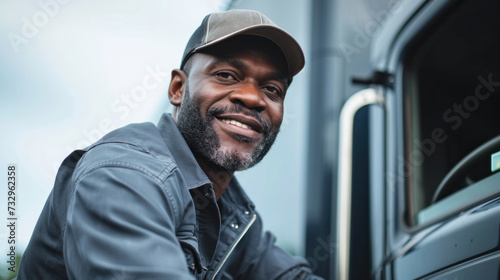 Smiling truck driver by his vehicle showcasing professionalism and reliability.