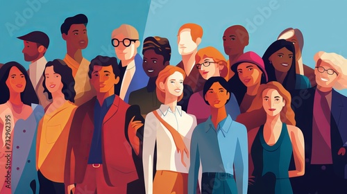 Multicultural group of smiling people from different continents and ethnicities standing together in unity. Vector illustration of human social diversity and inclusion.