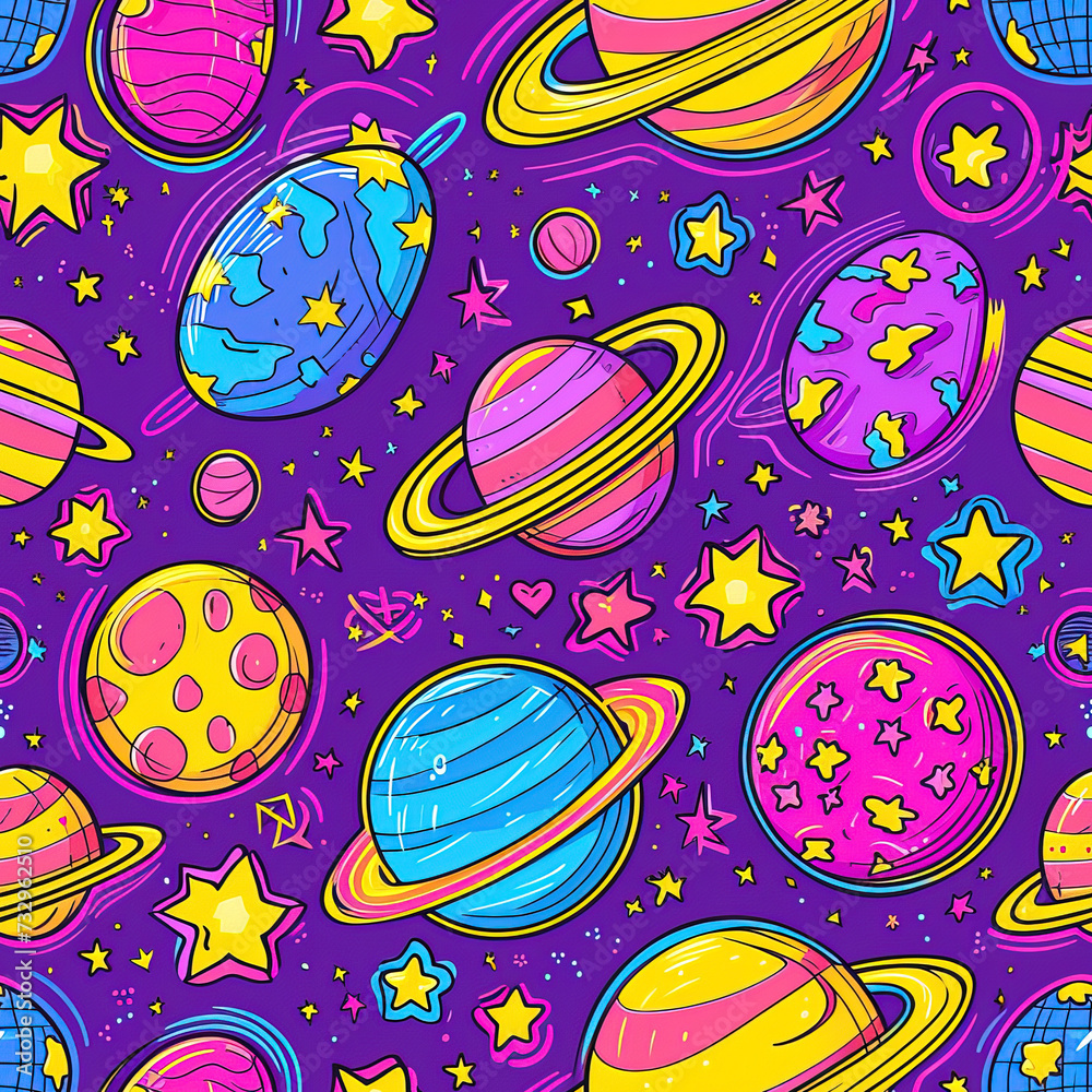 Naklejka premium Space and planets colorful minimal cartoon pop art repeat pattern