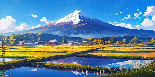 Mt Fuji, Mount Fujis landscape in Japan, Japanese famous tourism travel destination, cartoon anime style illustration landscapes background, generated ai photo