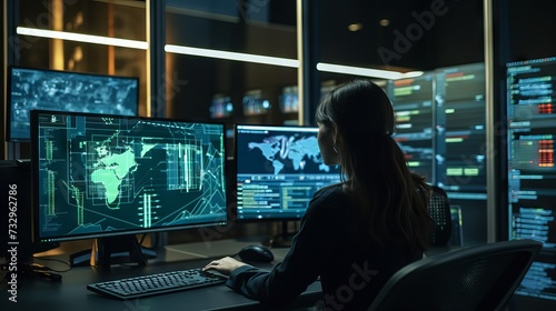 Focused female software engineer analyzes data server and blockchain network in state-of-the-art monitoring control room with IT team and digital screens