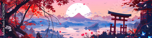 Mt Fuji, Mount Fujis landscape in Japan, Japanese famous tourism travel destination, cartoon anime style illustration landscapes background, generated ai photo