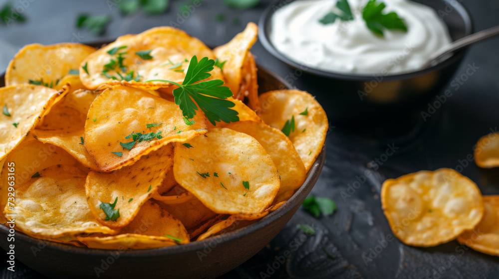 Golden crispy potato chips garnished with fresh parsley, served in a rustic bowl with a side of creamy dip, ready for snacking. Golden crispy potato chips garnished with fresh parsley, served in a rustic bowl with a side of creamy dip, ready for snacking.