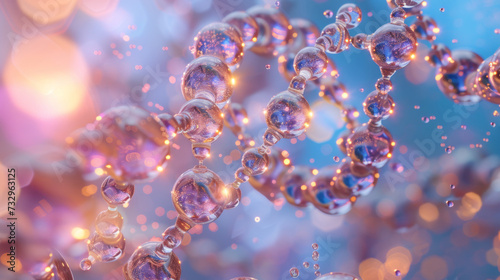 3D illustration of an abstract DNA double helix with sparkling and reflective spheres against a soft, bokeh background.