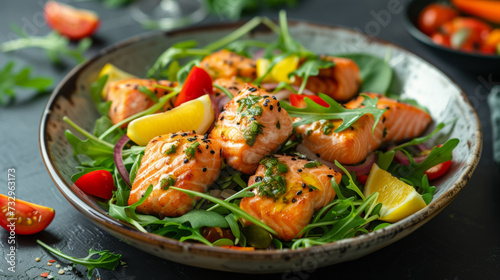 Close-up image of succulent grilled salmon fillets over a bed of fresh arugula, garnished with lemon and cherry tomatoes.