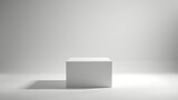 Empty white cube product podium. Clean white interior scene background. Sunlight shadows. Beauty skincare, technology products display pedestal stage.