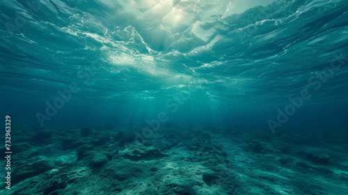 Undersea view of the ocean's surface with sun rays piercing through the clear blue water above a rocky seabed.