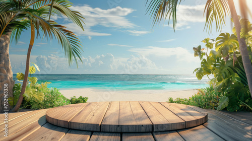 A breathtaking view of a turquoise ocean from a wooden deck, flanked by lush tropical palms and plants under a clear sunny sky.