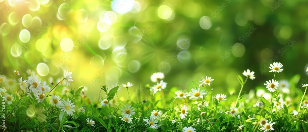 Sunny Spring Meadow: Daisies and Greenery with Bokeh Sunny Spring Meadow: Daisies and Greenery with Bokeh