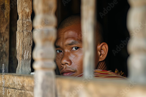 A monk peeking out in Myanmar