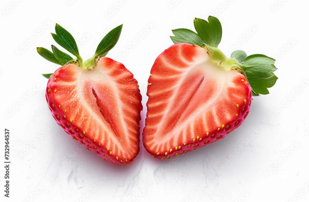 A Juicy Strawberry, Half Sliced to Reveal its Succulent Interior, Stands Alone in its Vibrant Glory Against a Clean White Background A Juicy Strawberry, Half Sliced to Reveal its Succulent Interior, Stands Alone in its Vibrant Glory Against a Clean White Background